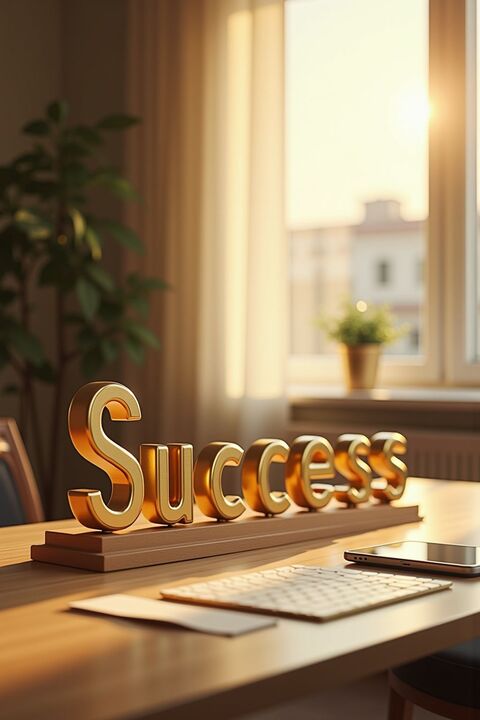 Golden Success Sign on Office Desk