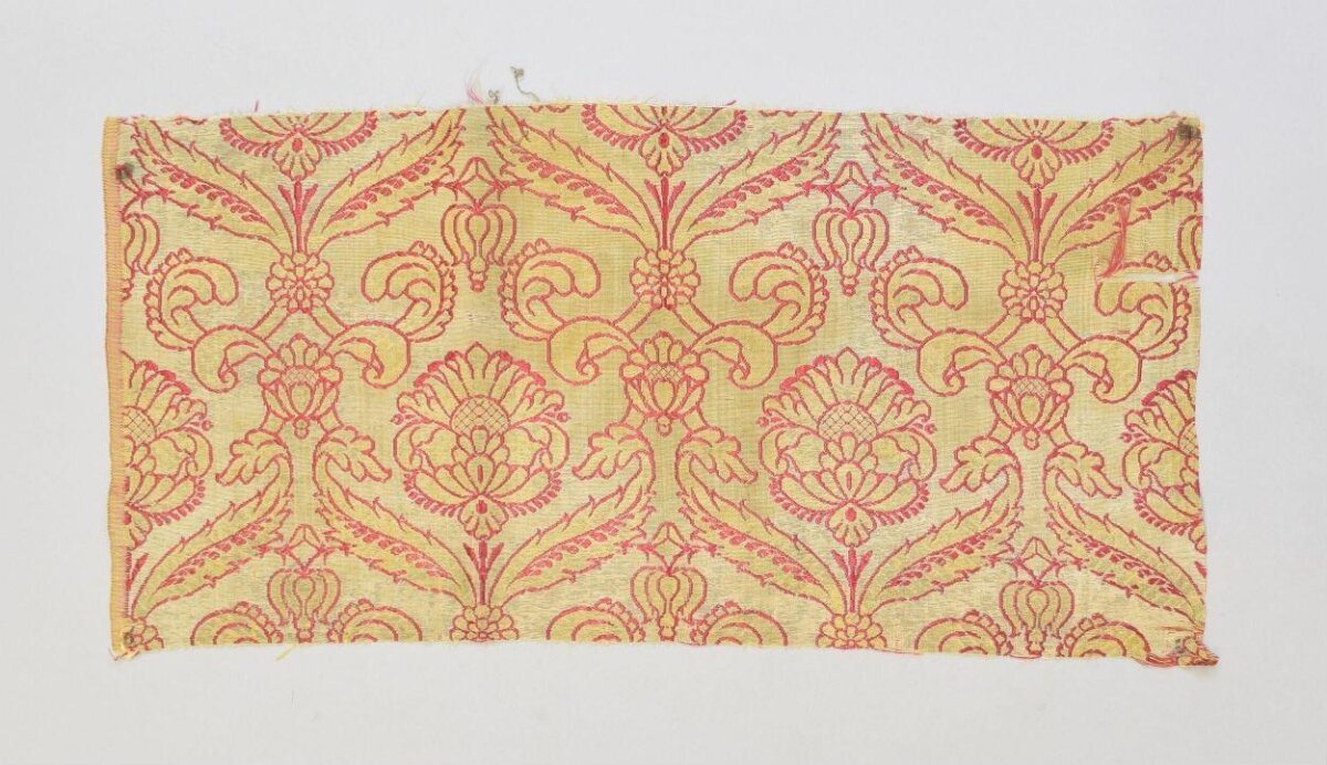 Red Yellow Floral Patterned Textile Fragment