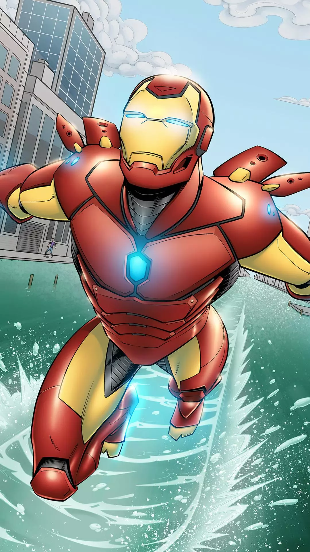 Iron Man Flying Over City Waterfront