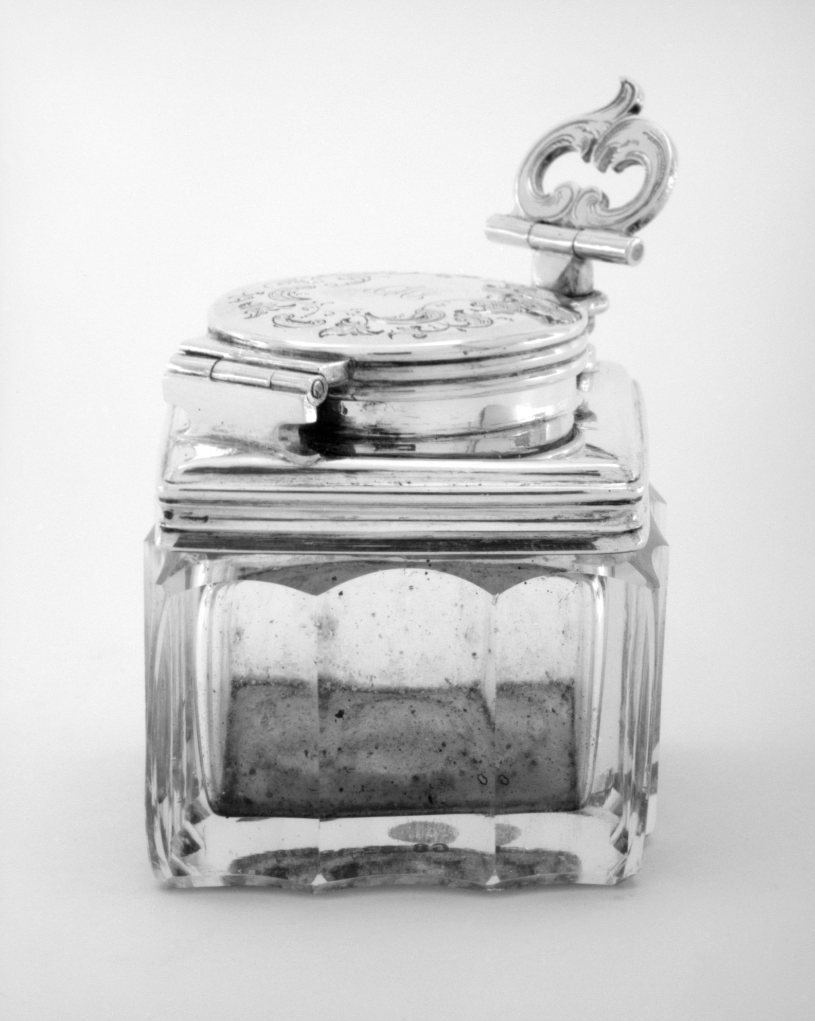 Antique Silver Lidded Glass Inkwell