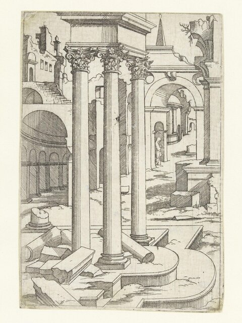 Line Engraving of Roman Architectural Ruins