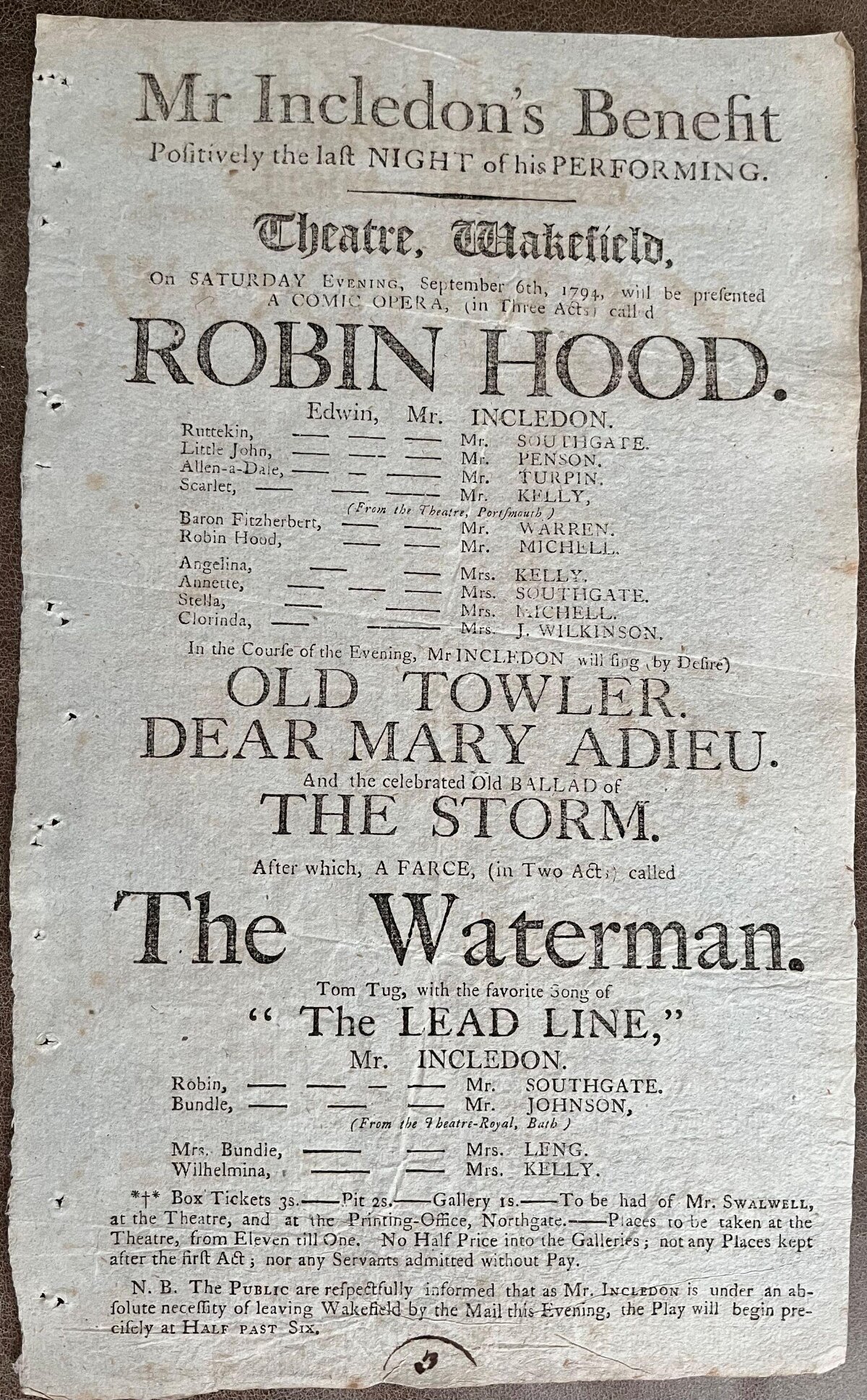 1794 Wakefield Theatre Playbill