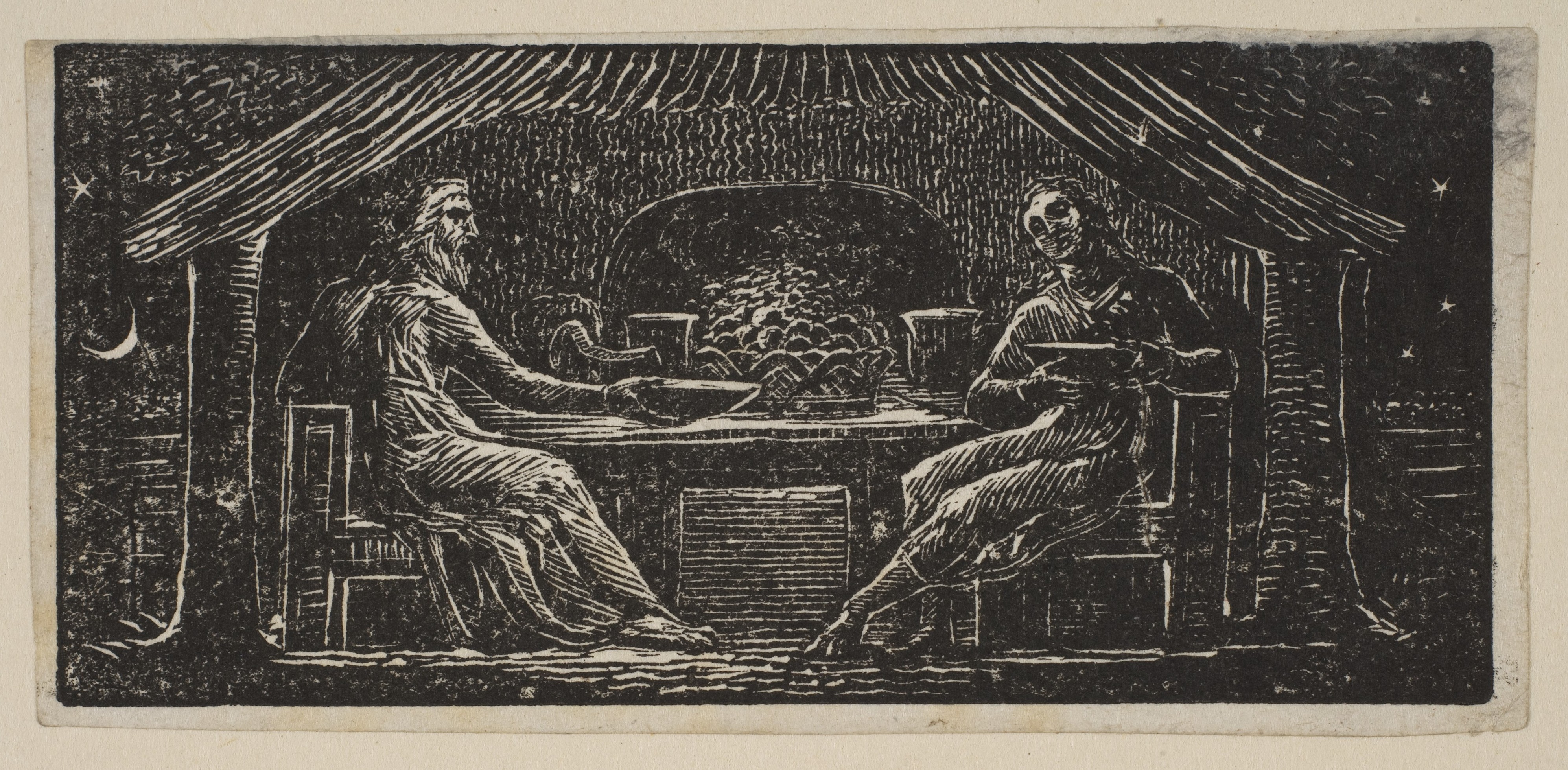 Woodcut of Two Men Dining at Night