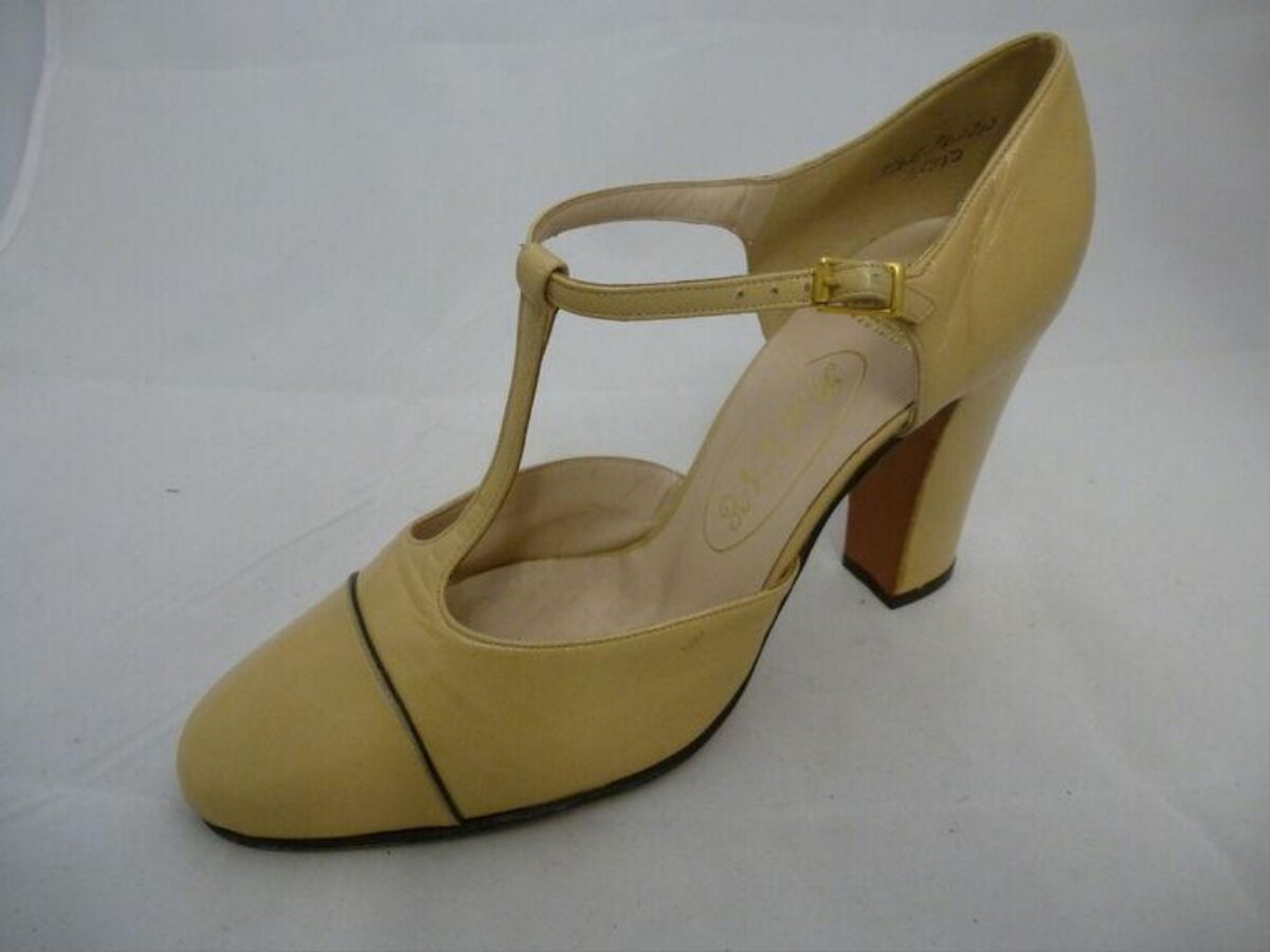 Pale Yellow T-Strap High Heel Shoe
