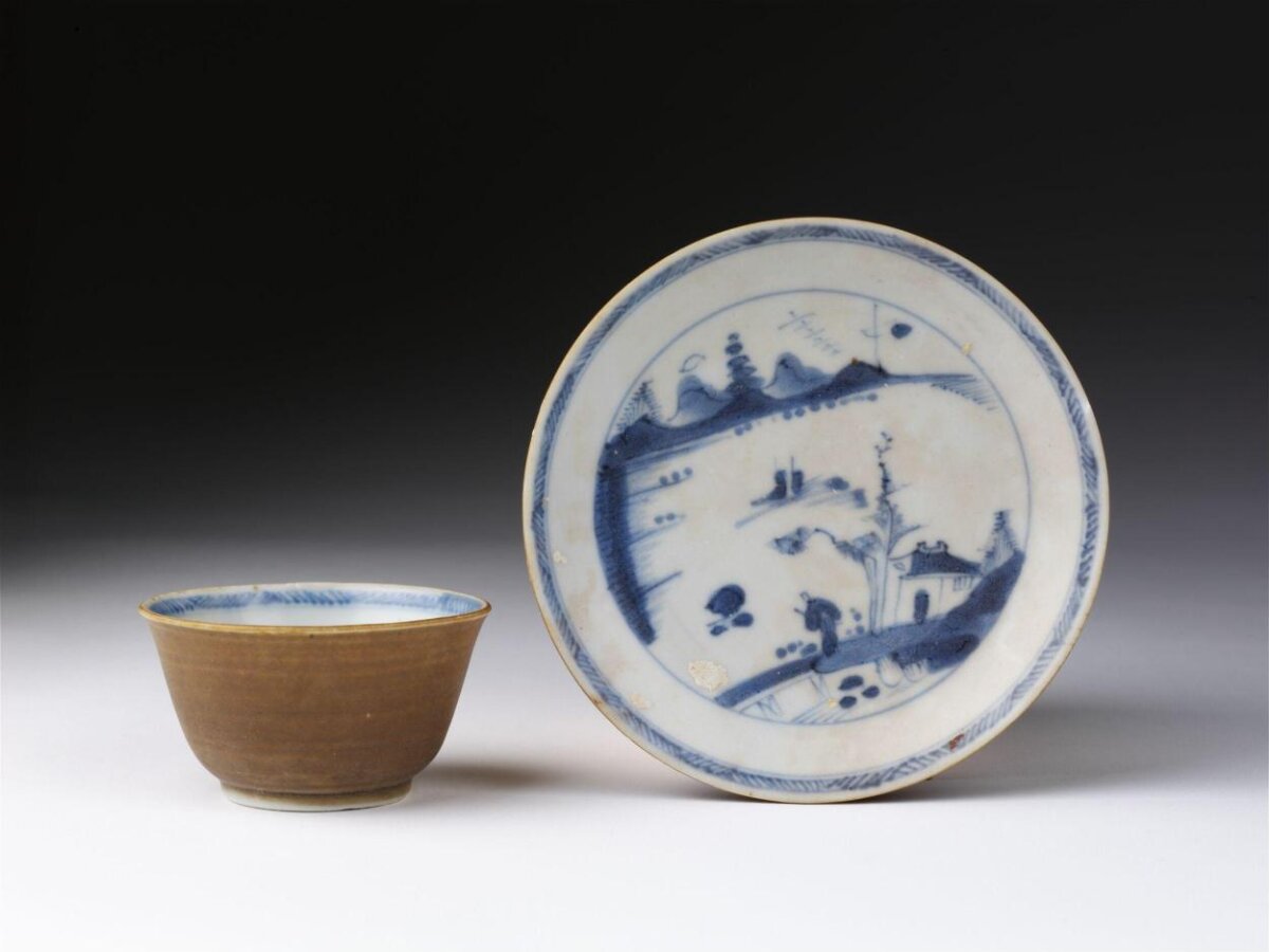Blue and white cup and saucer set