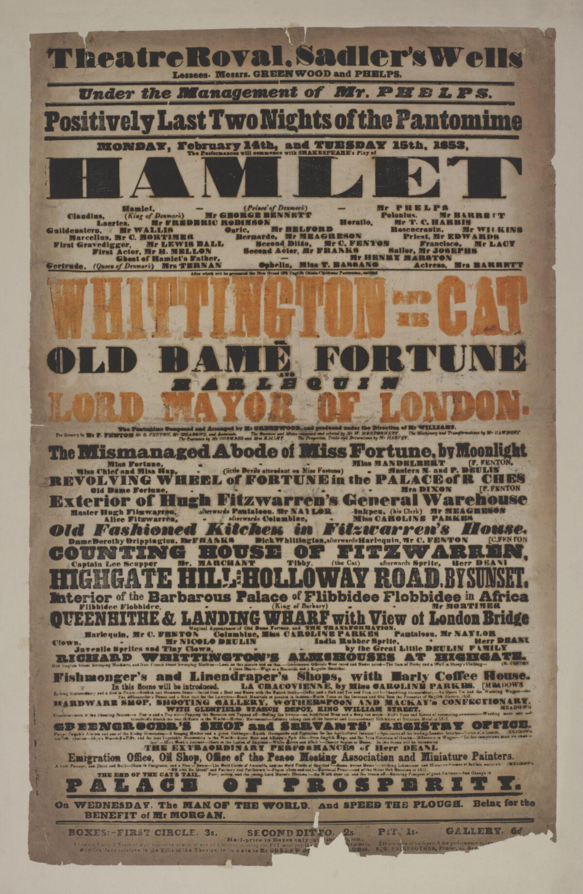 1853 Sadler's Wells Theatre Playbill