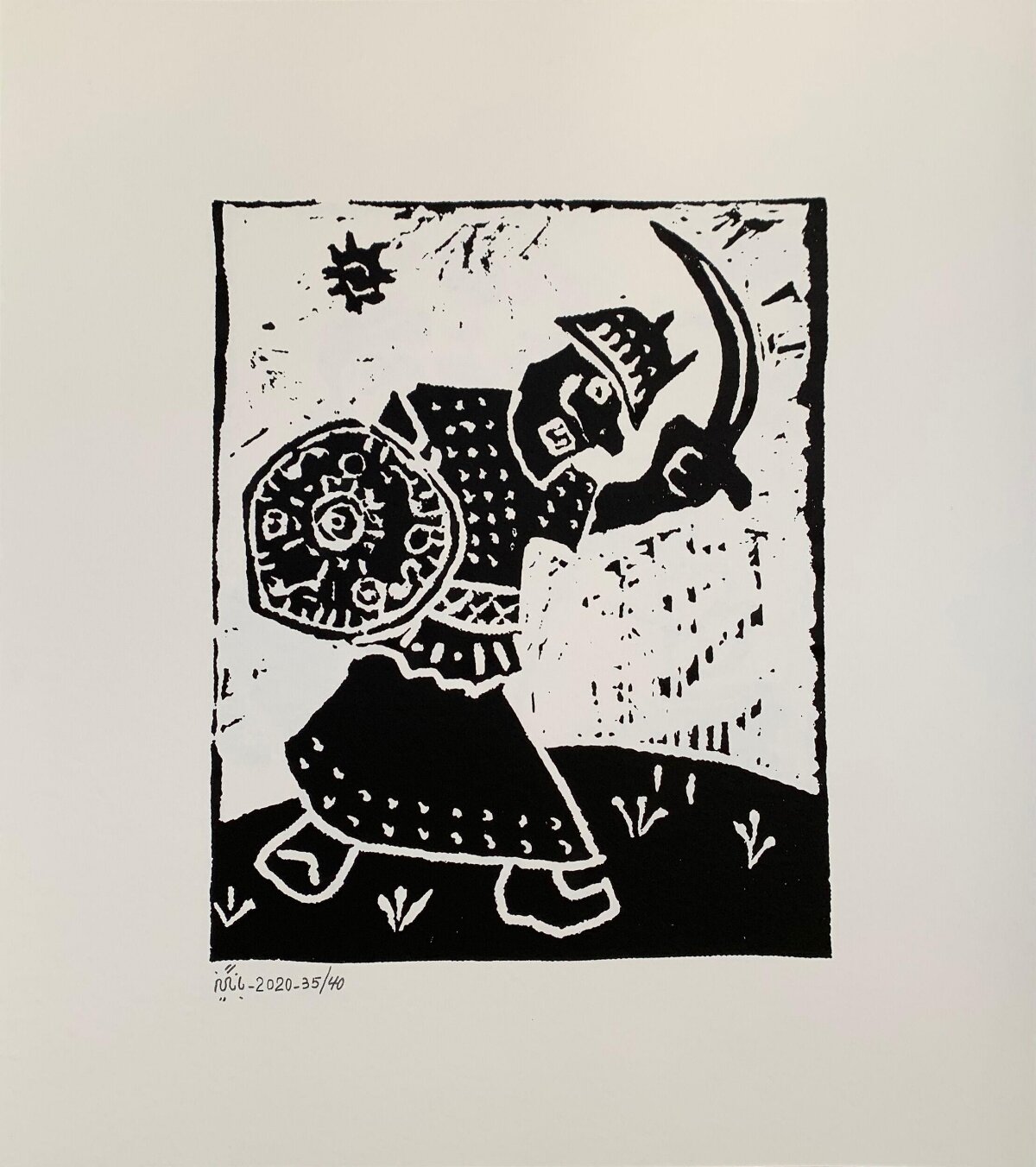 Armored Warrior Black and White Woodcut
