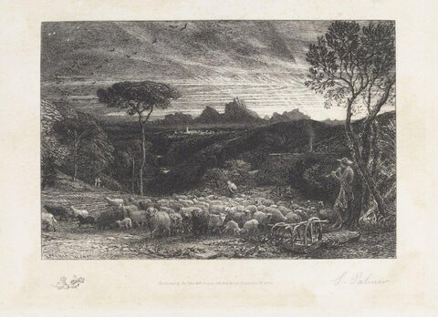 Shepherd Herding Sheep Landscape Etching