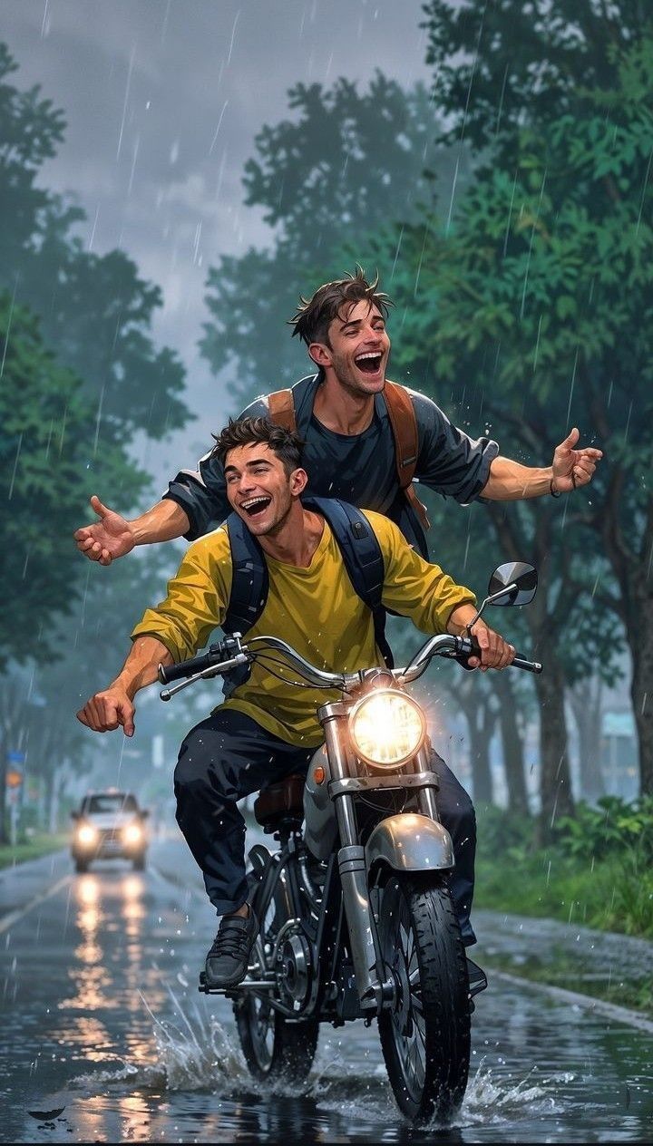 Two Friends Riding Motorcycle in Rain