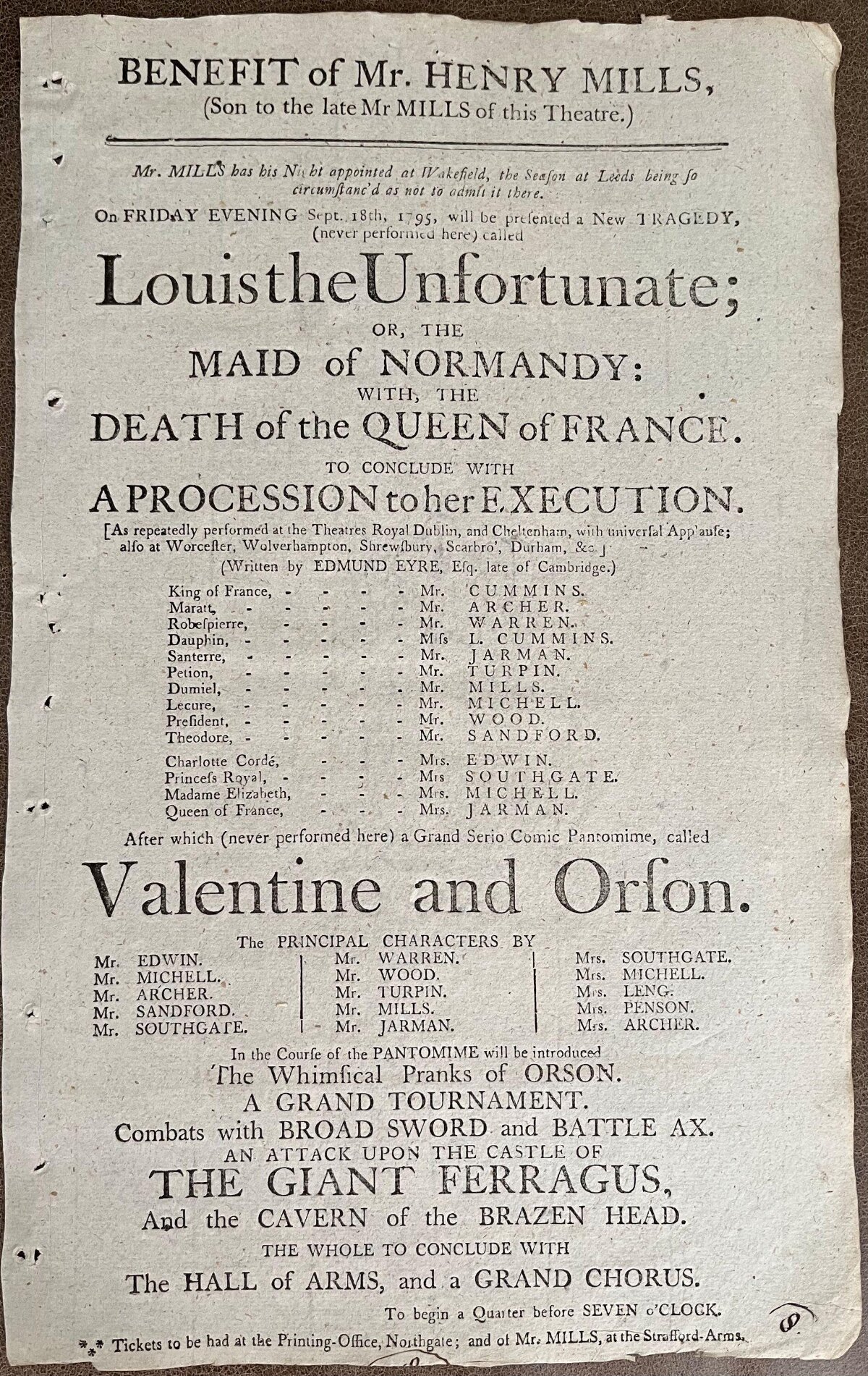 1795 Theater Benefit Playbill