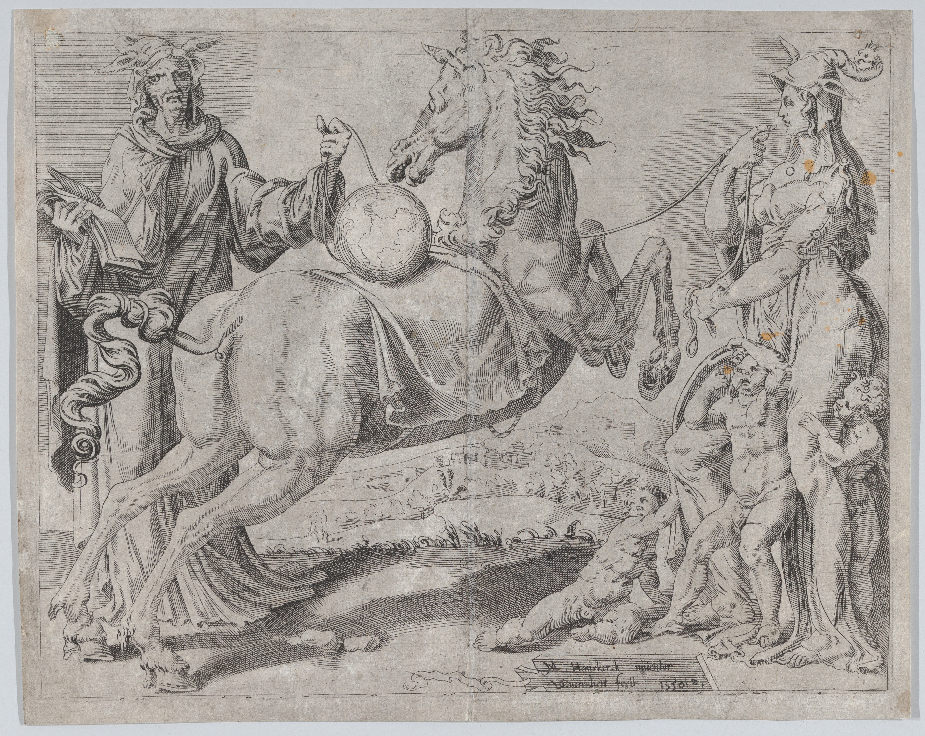 Allegorical Engraving with Rearing Horse