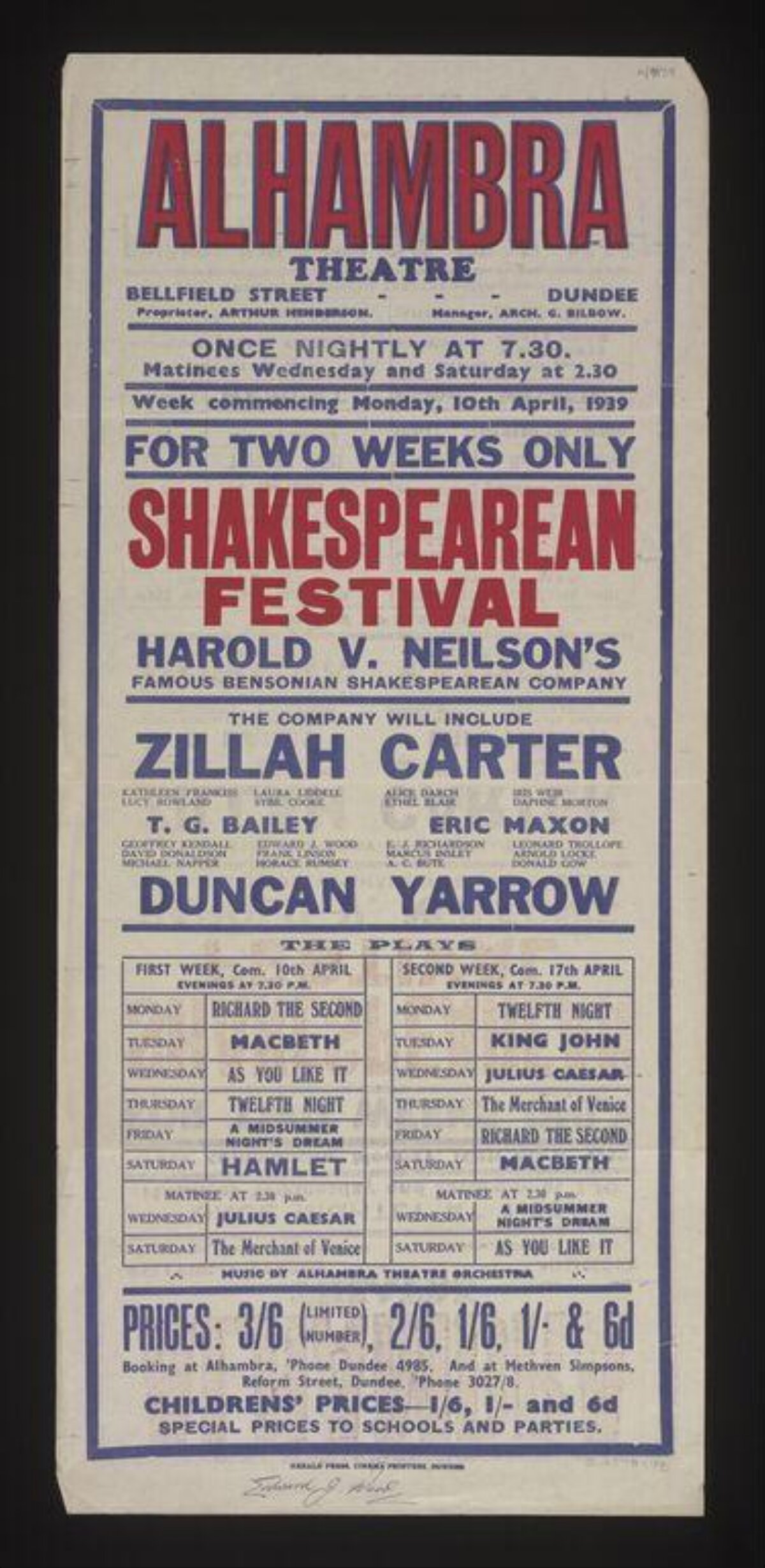 1939 Alhambra Theatre Shakespeare Festival Poster