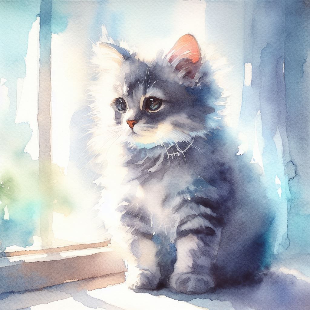 Fluffy Gray Kitten on Window Sill