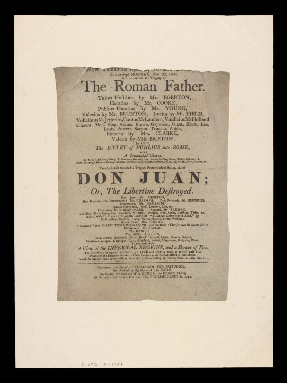 1809 New Theatre Playbill