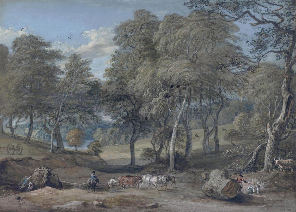 Rural Landscape with Oxen Hauling Logs