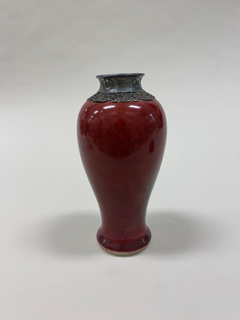 Red Glaze Porcelain Vase with Silver Rim