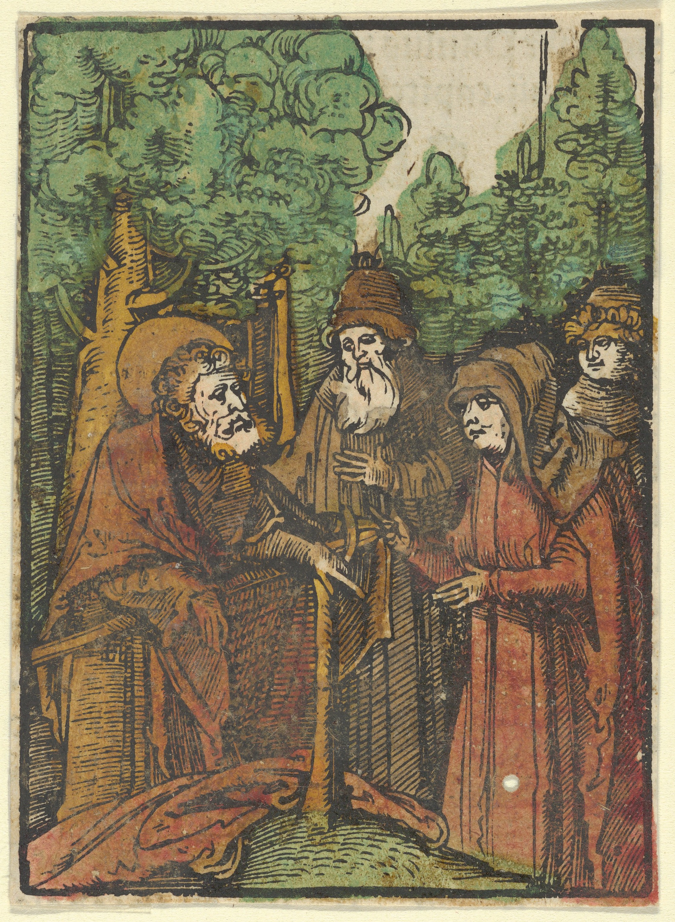 Hand-colored Woodcut Religious Meeting