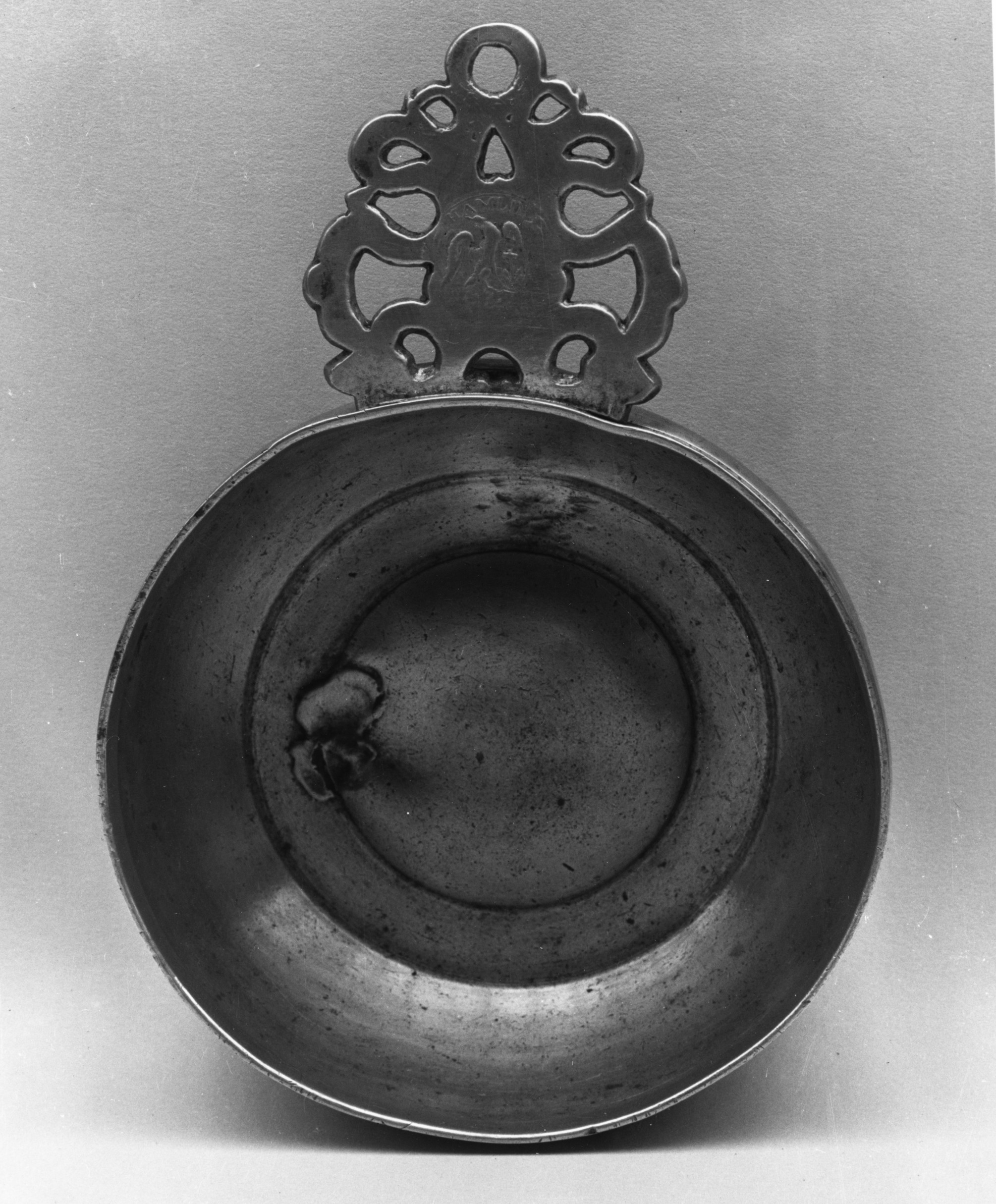 Antique Pewter Porringer with Openwork Handle