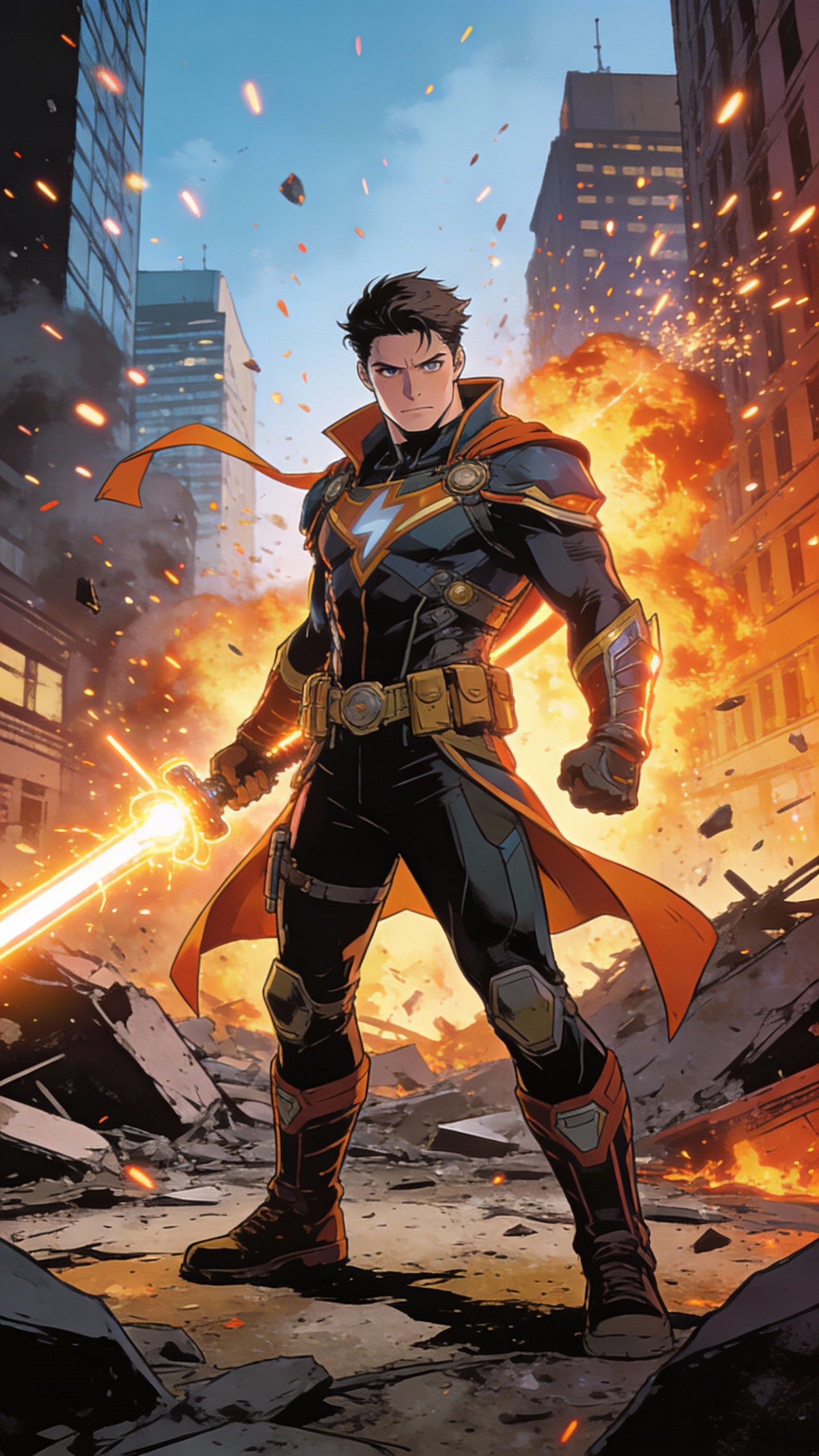 Superhero in Destroyed Burning City