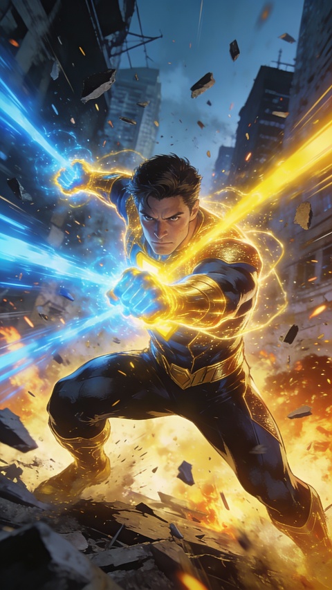 Superhero Battling in Ruined City