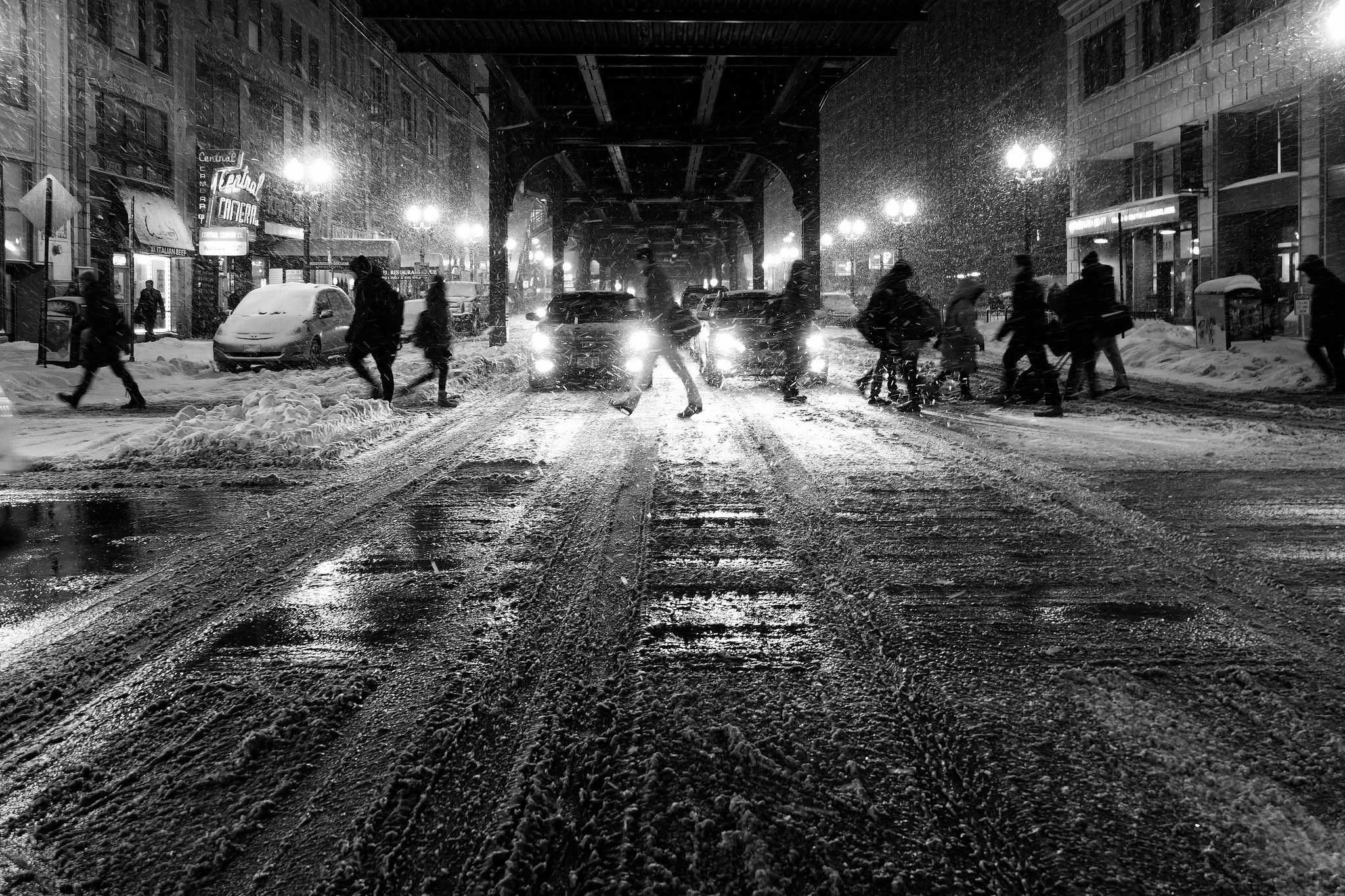 Snowy Night City Street Crossing