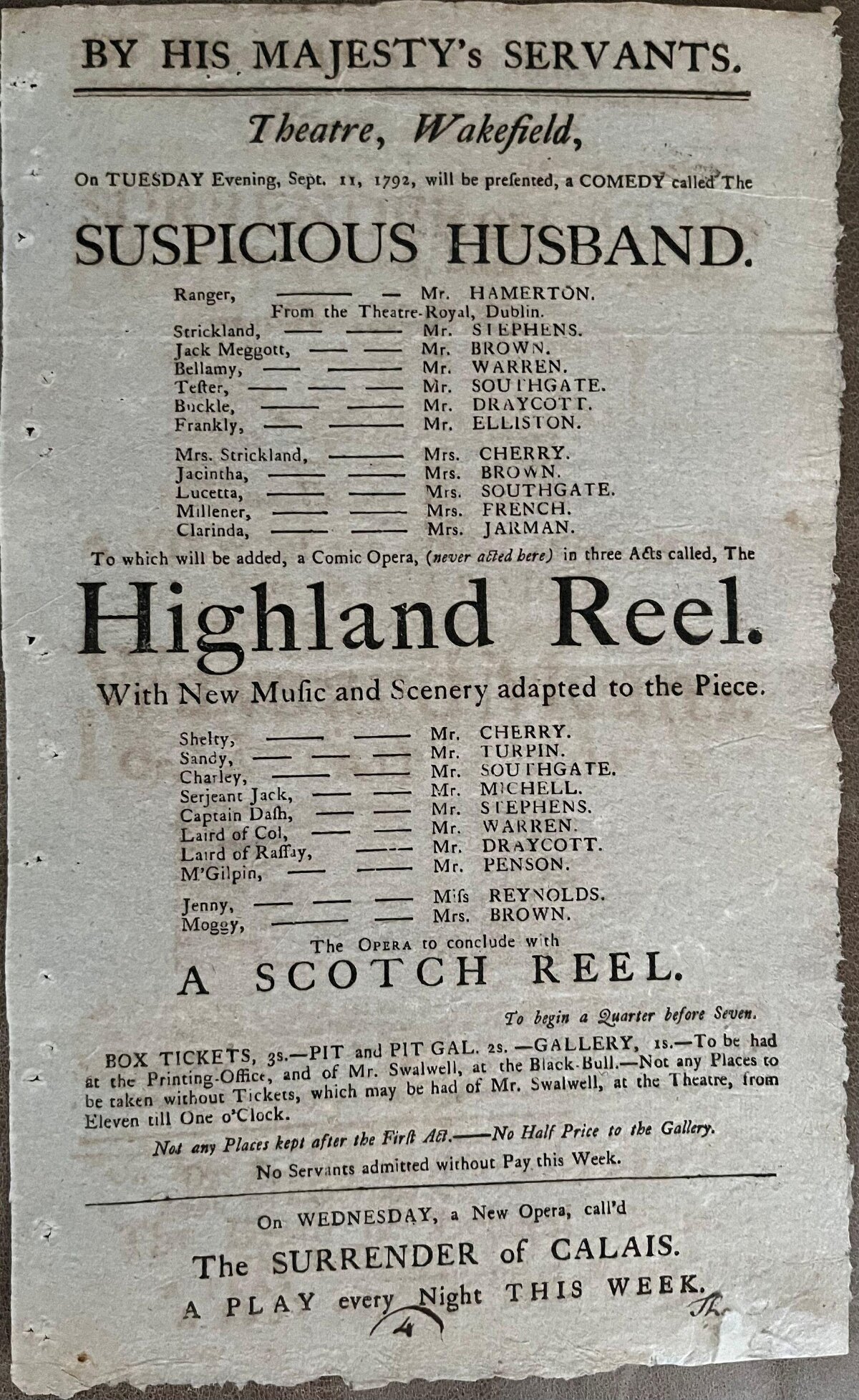 1792 Wakefield Theatre Playbill
