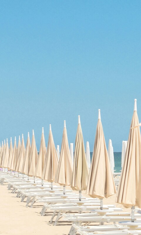 Lined Beach Umbrellas on Sandy Beach