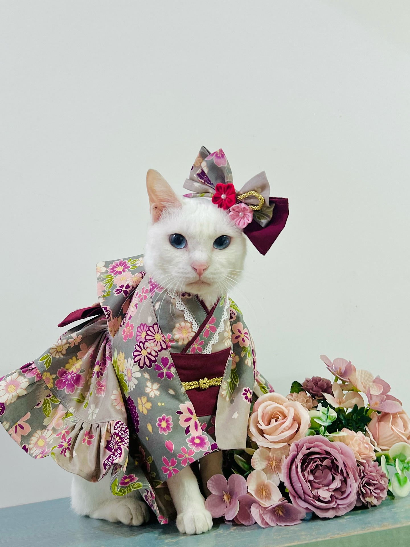White Cat In Floral Kimono Costume