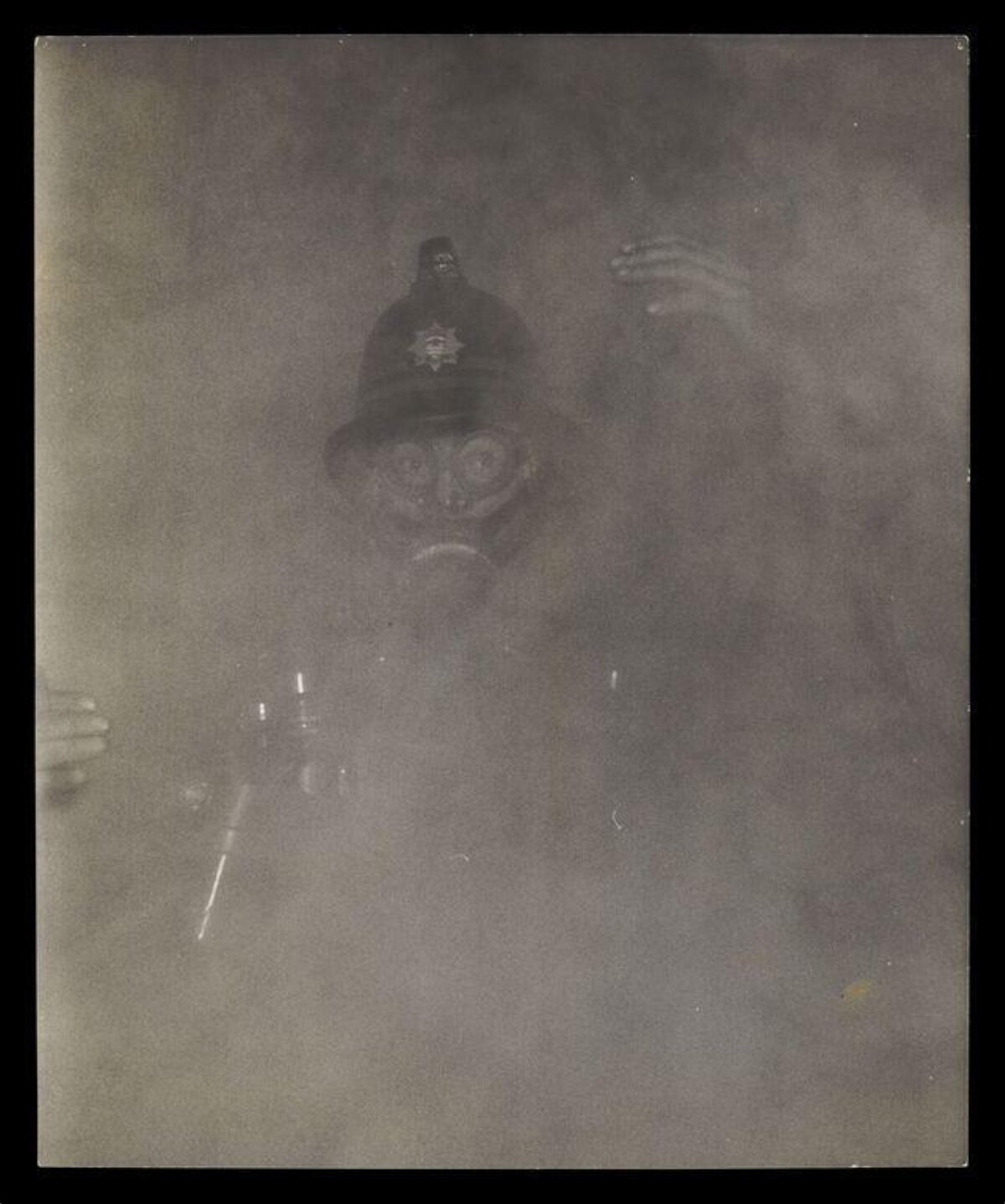 Smog-Shrouded Policeman With Gas Mask