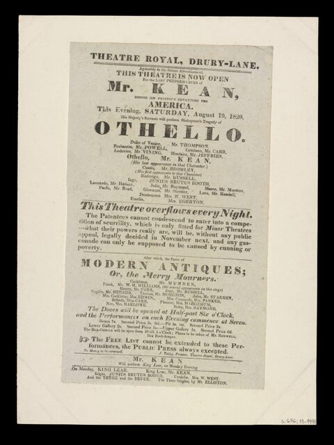 1820 Drury Lane Theatre Playbill