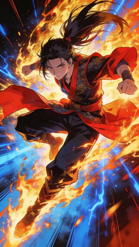 Anime Martial Artist With Fire Aura