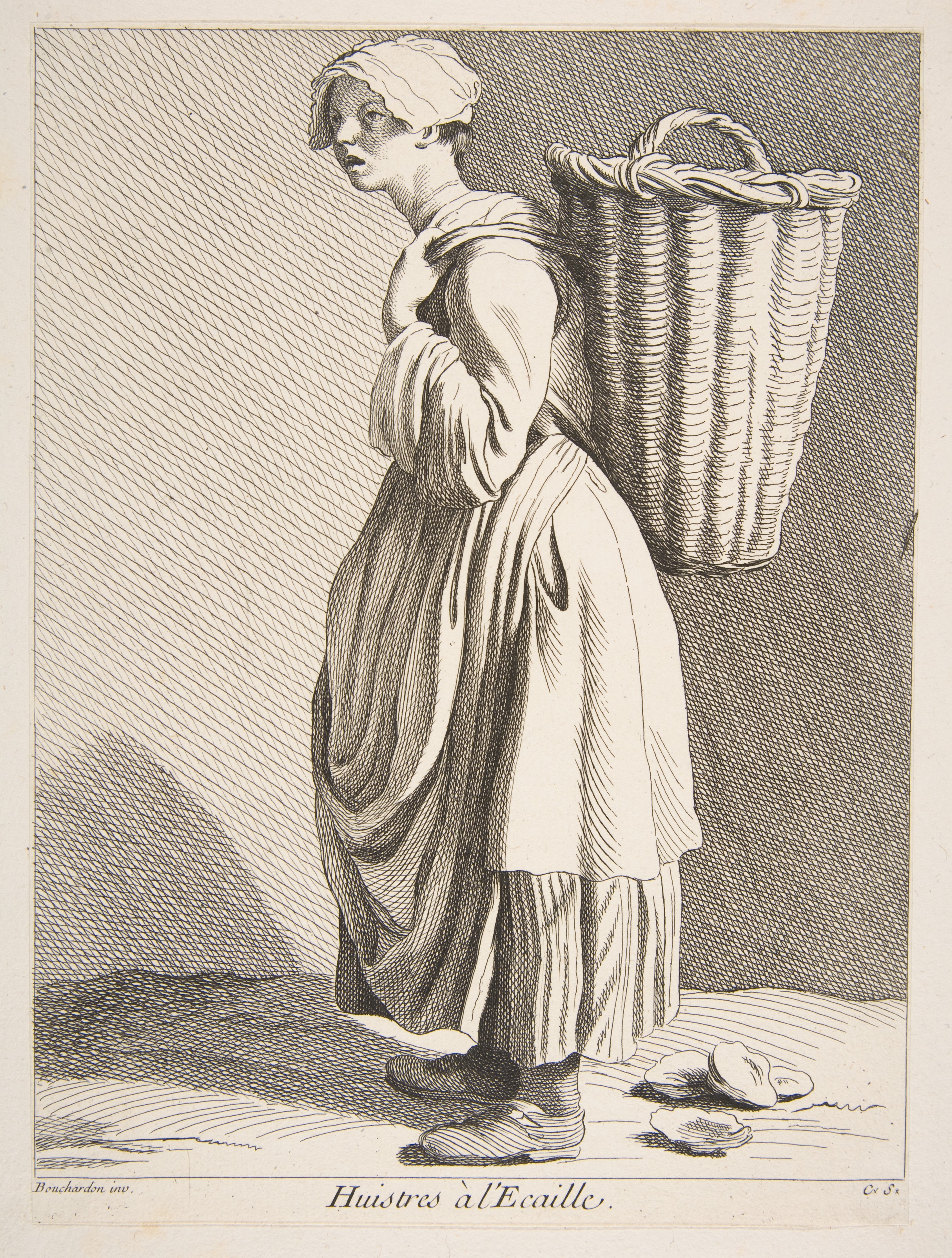 Etching of a Female Oyster Vendor