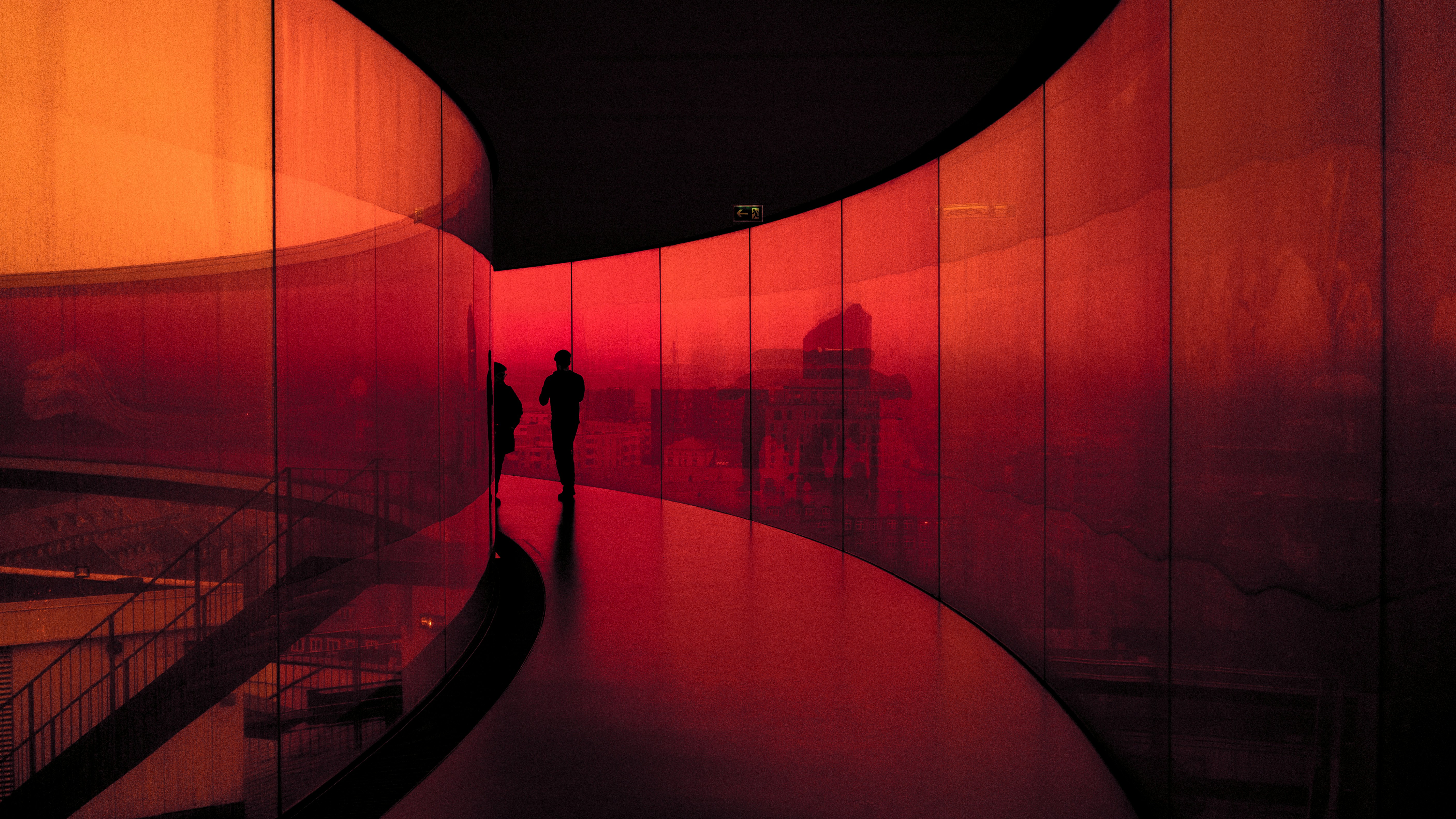Red Curved Indoor Walkway — 4K Wallpapers