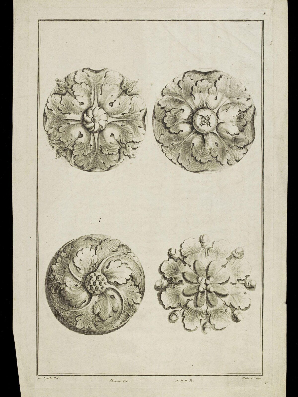 Four Antique Engraved Ornament Rosettes