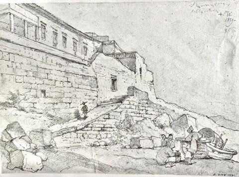 Pencil Sketch of Hillside Stone Building