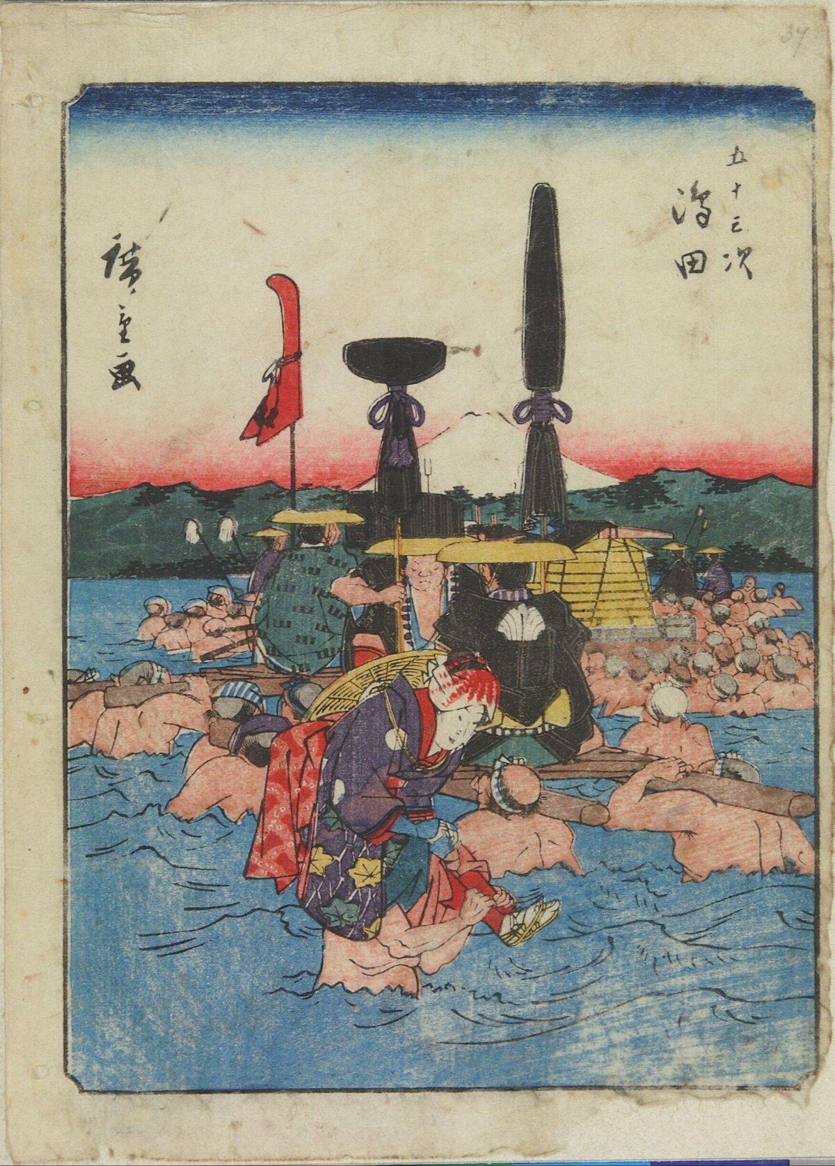 Japanese Ukiyo-e River Crossing Procession