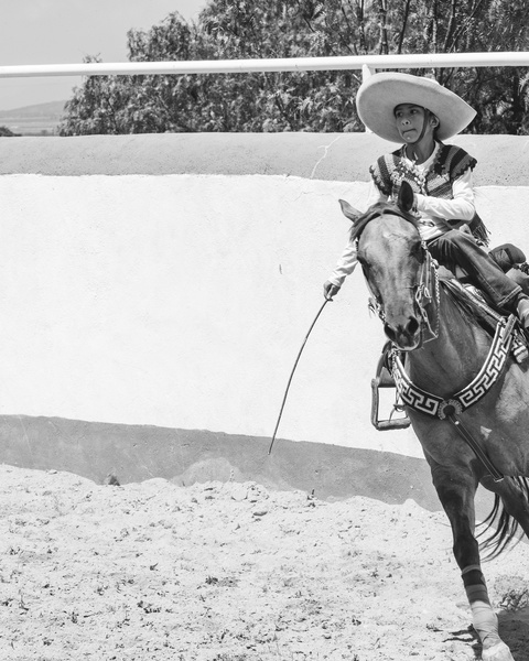 Young Charro Riding Horse in Arena