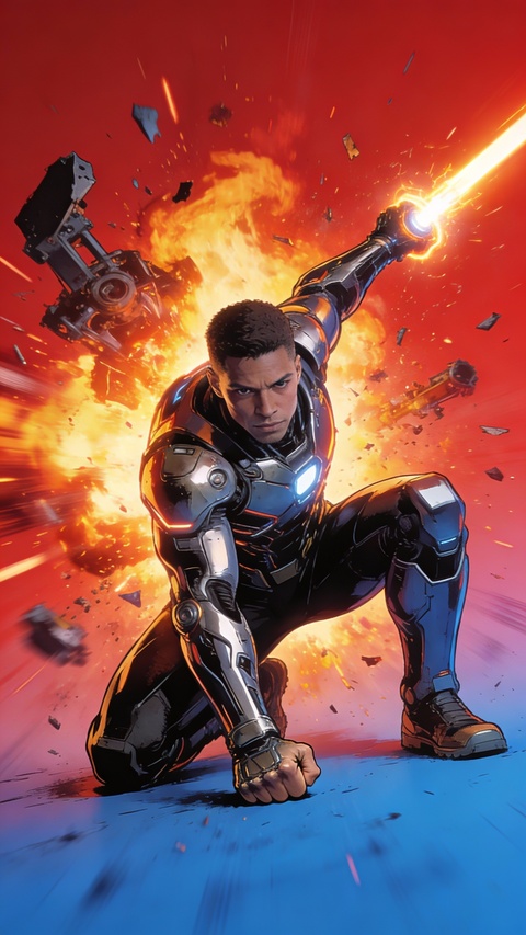 Armored Superhero Emerging From Explosion