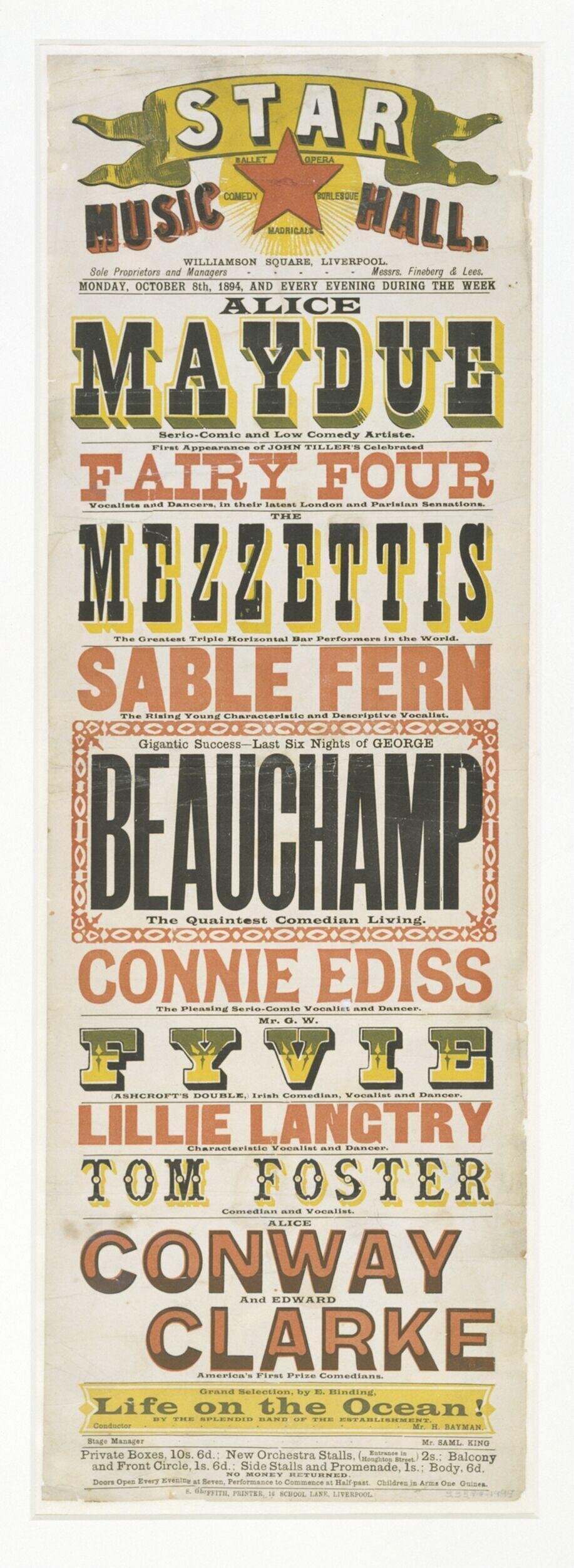 1894 Star Music Hall Performance Poster