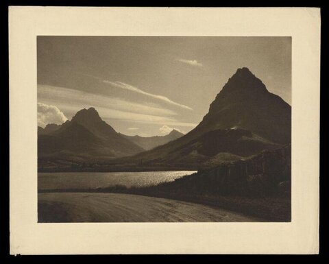 Vintage Mountain and Lake Landscape