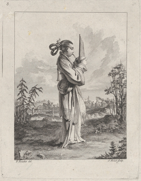 Etching of Woman Playing Panpipe Outdoors