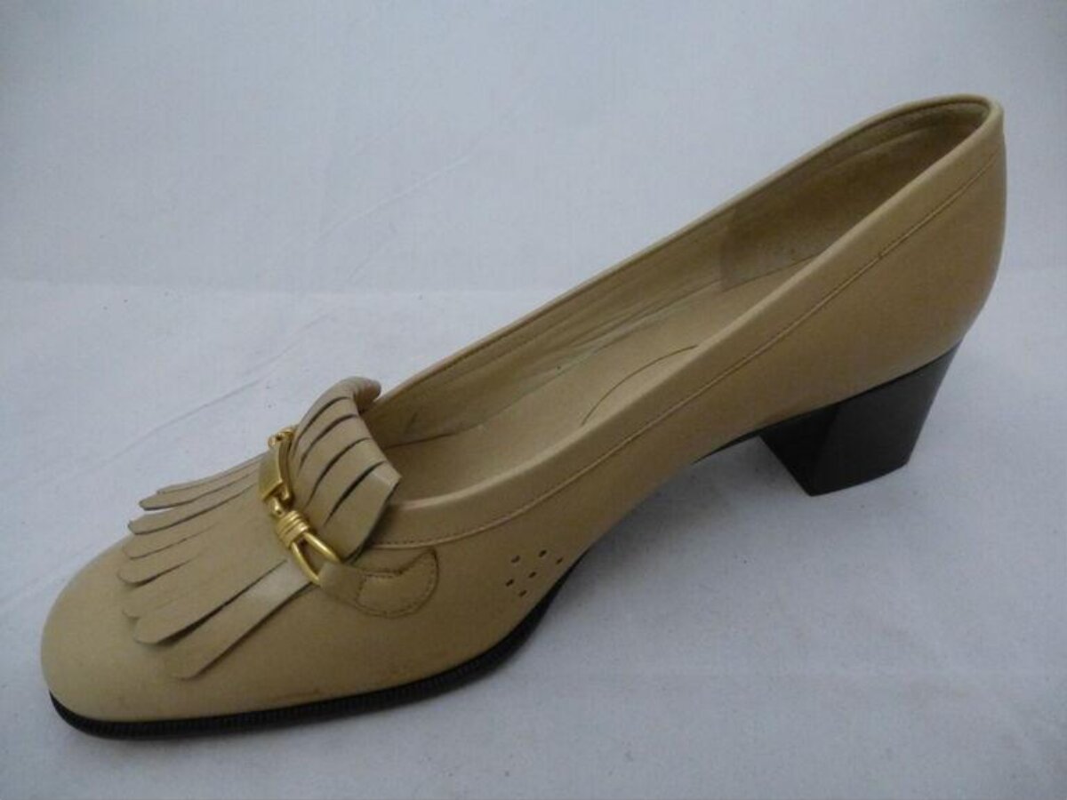 Beige Tassel Block Heel Pump