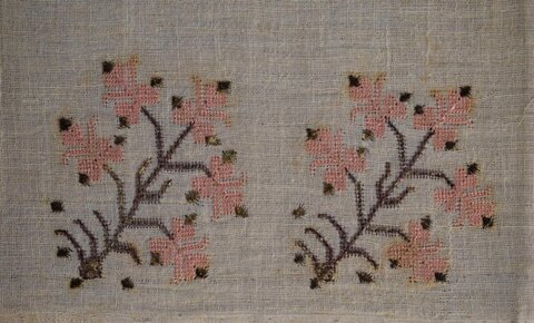 Embroidered Pink Flower Branches on Linen