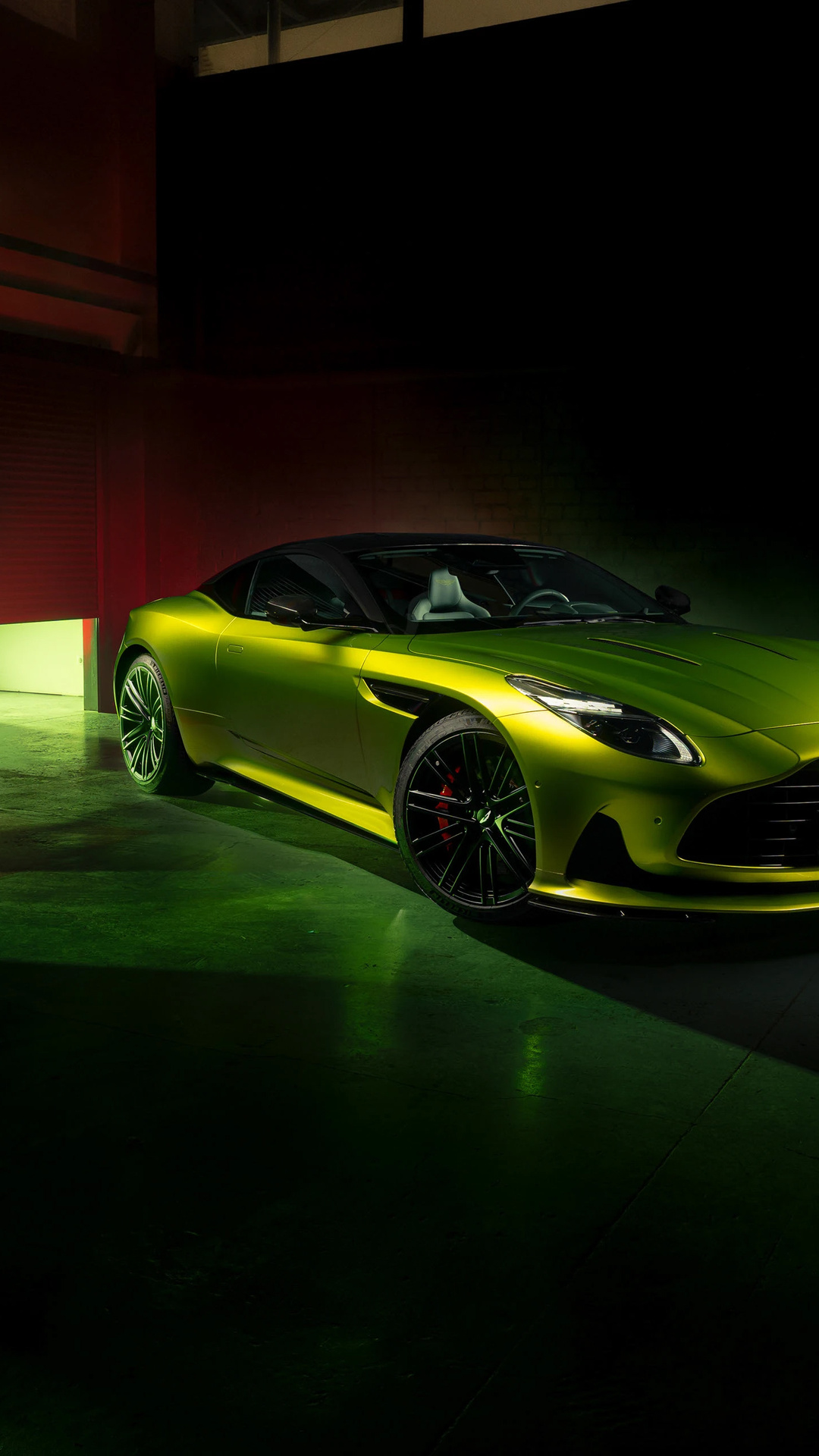 Lime Green Sports Car in Dim Garage