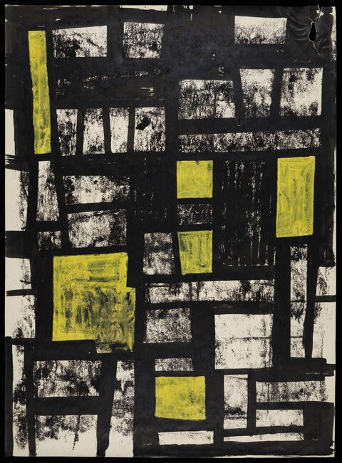 Black and Yellow Abstract Grid Painting