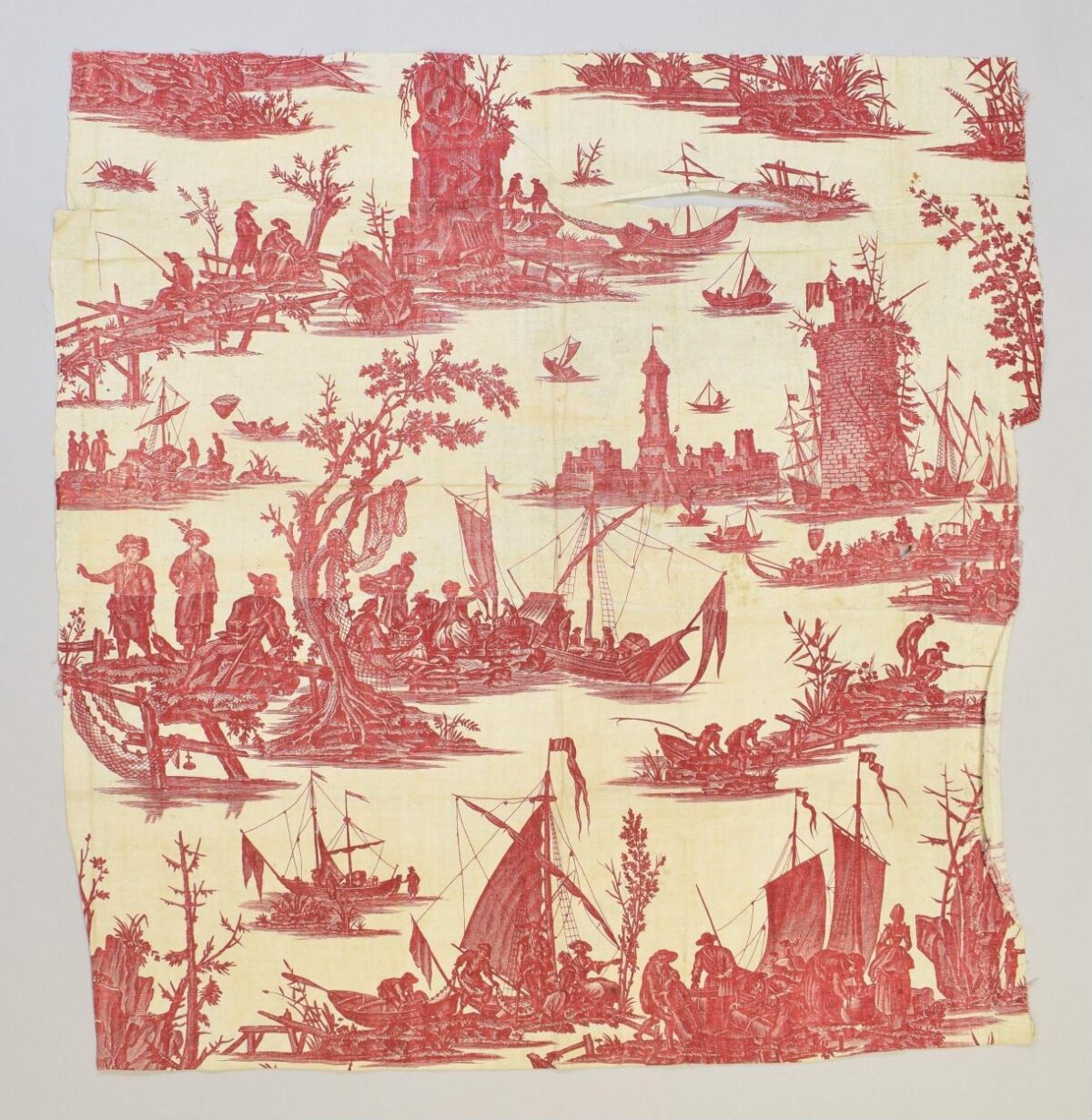 Red Printed River Fishing Scene Fabric