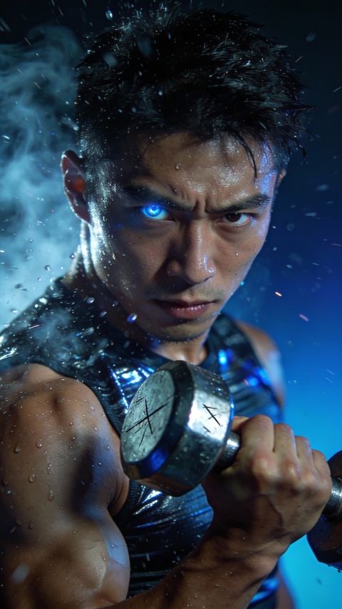Muscular Man Lifting Dumbbell With Glowing Eye