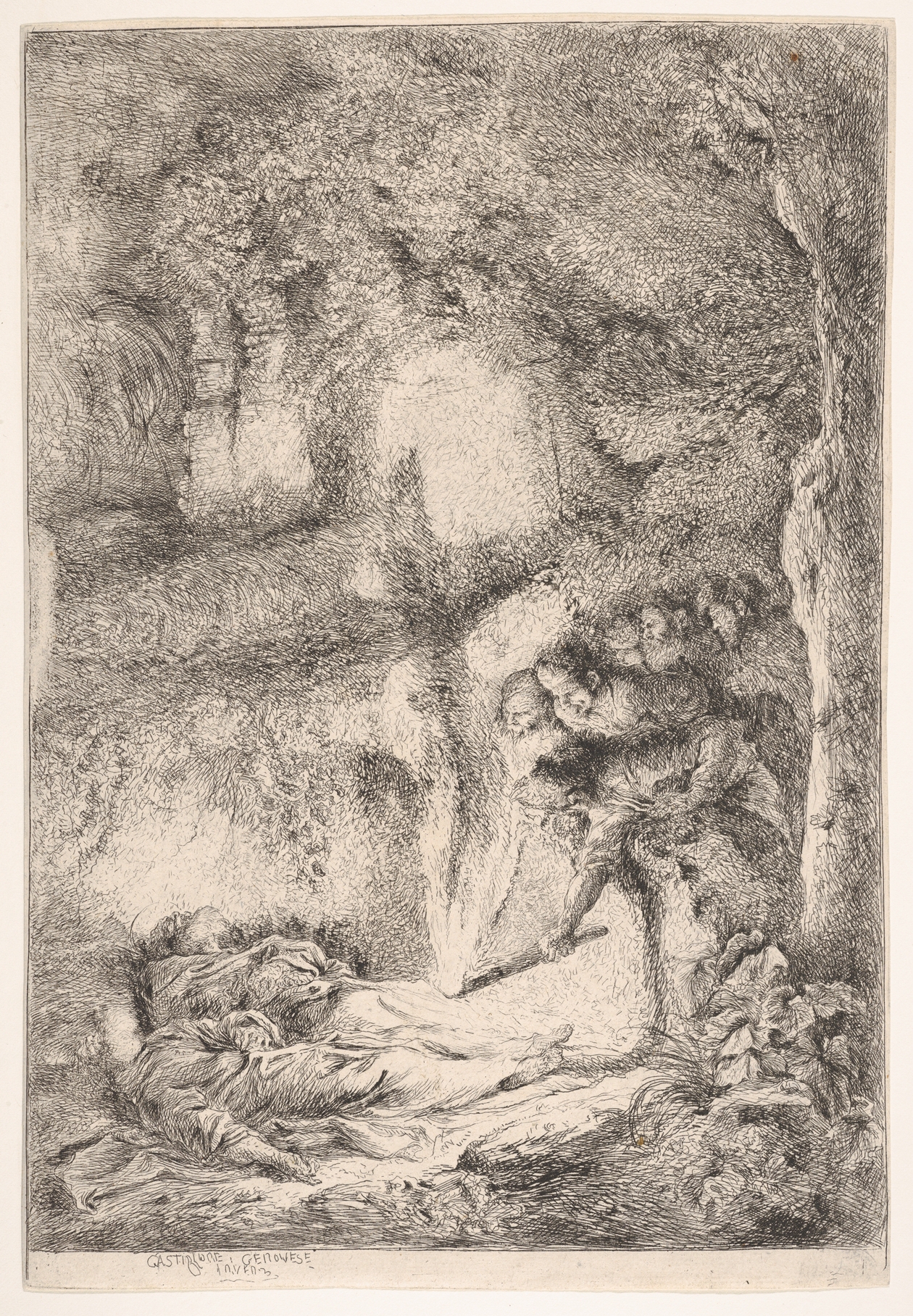 Etching of People Finding Dead Bodies