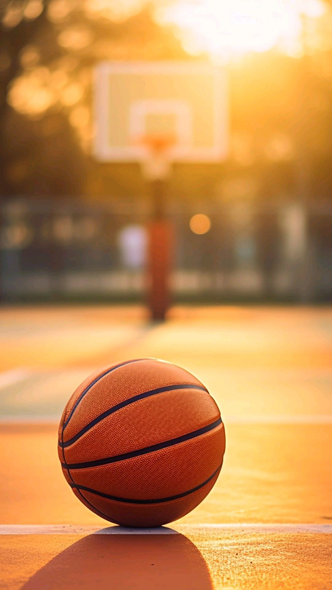 Basketball on Outdoor Court at Sunset