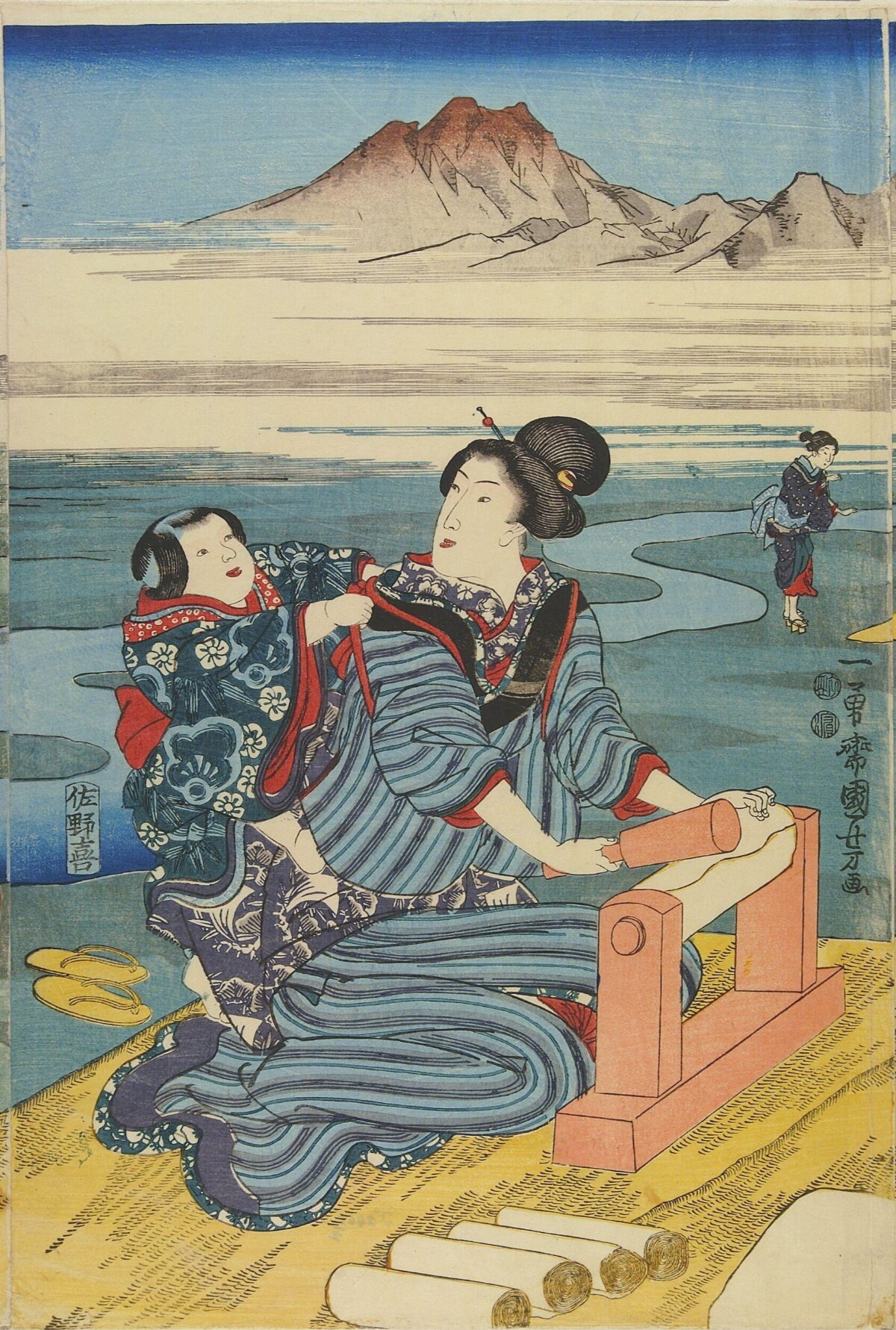 Japanese Ukiyo-e Cloth Rolling Scene